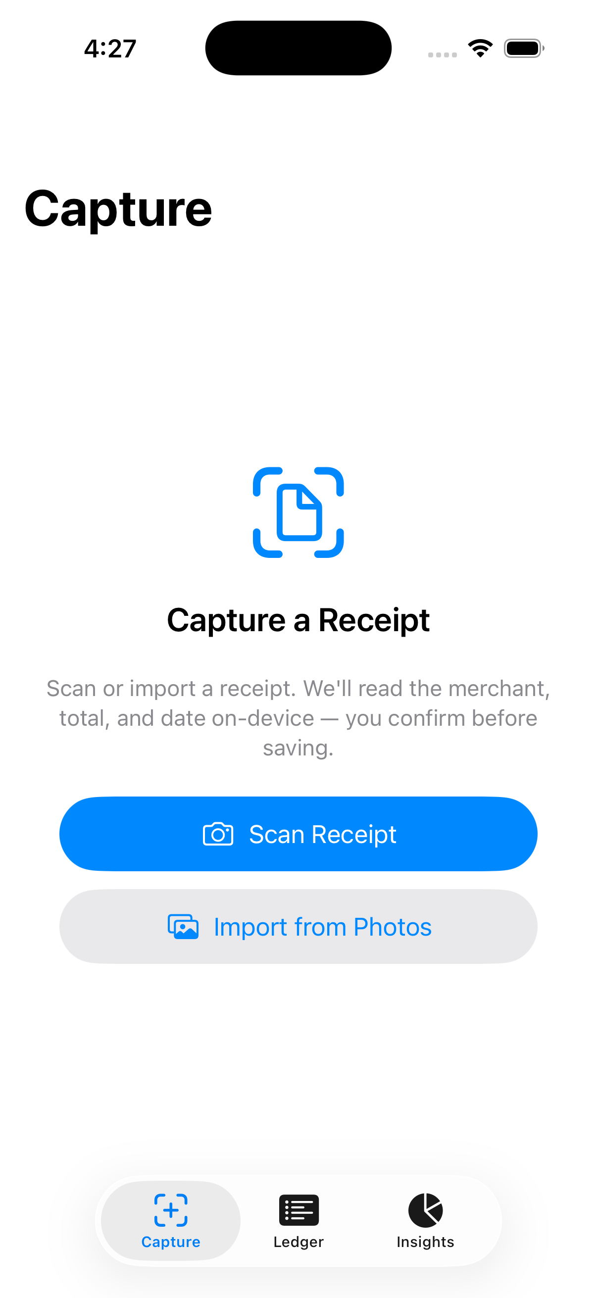 Capture a receipt screen