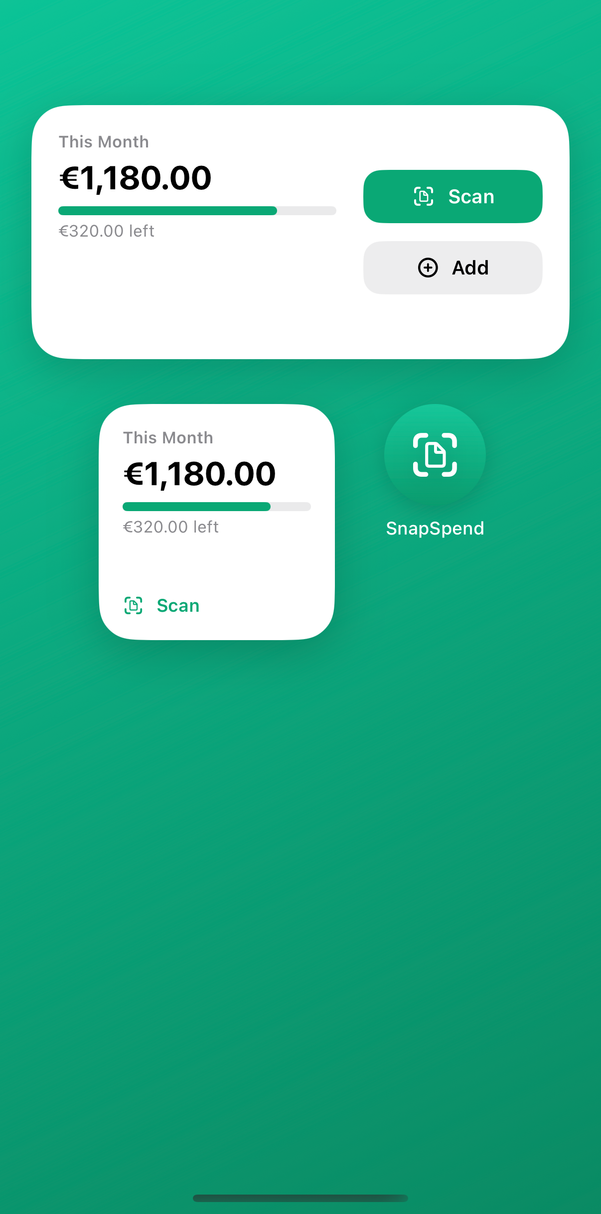 Home Screen widget showing this month's spending with Scan and Add quick actions